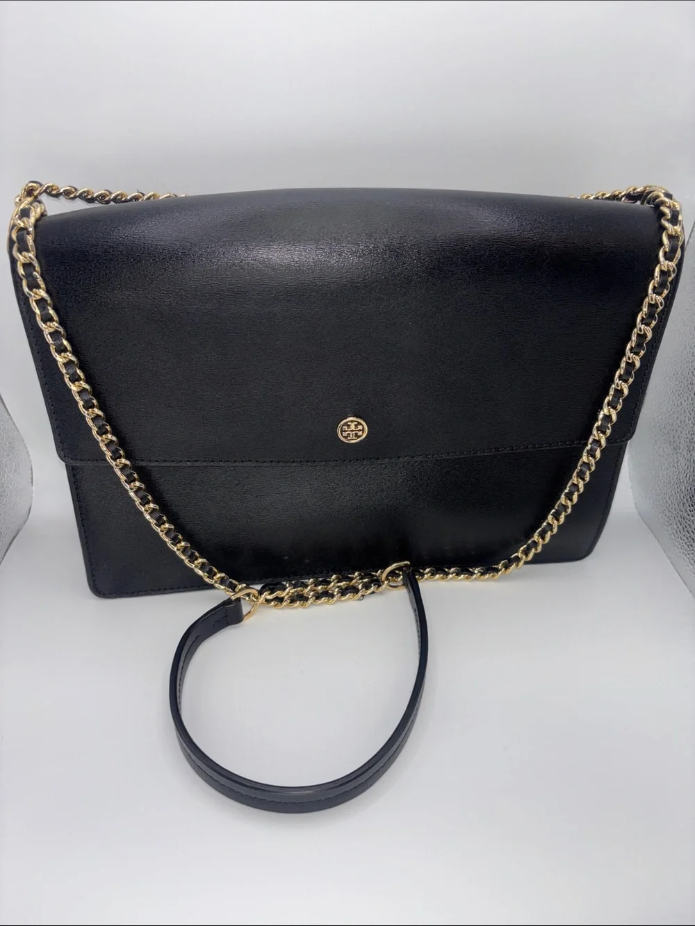 Tory Burch Black Leather Shoulder Bag with Gold Chain